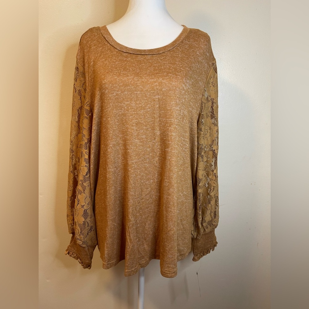 Zac & Rachel Women’s Plus Blouse New Brown Shimmer Lace Sleeves 2X